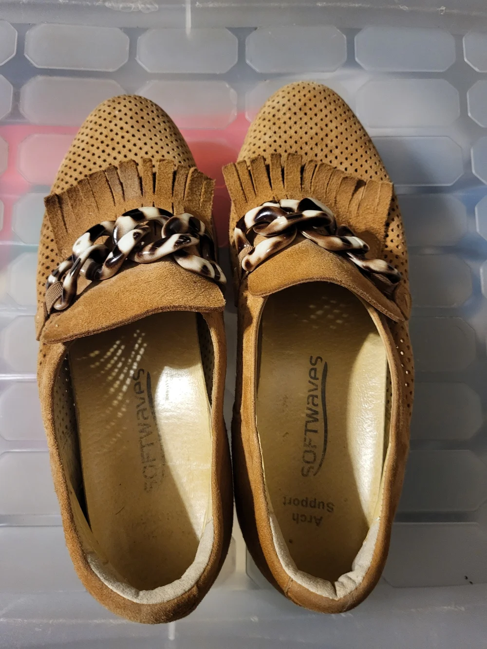Softwaves Tan Suede Fringe Loafers with Tortoiseshell Chain